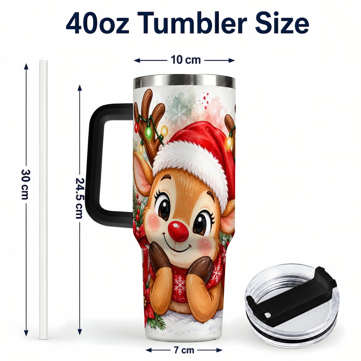 #pl[40oz|Black] Christmas Reindeer 40oz Tumbler with Handle, Holiday Travel Cup