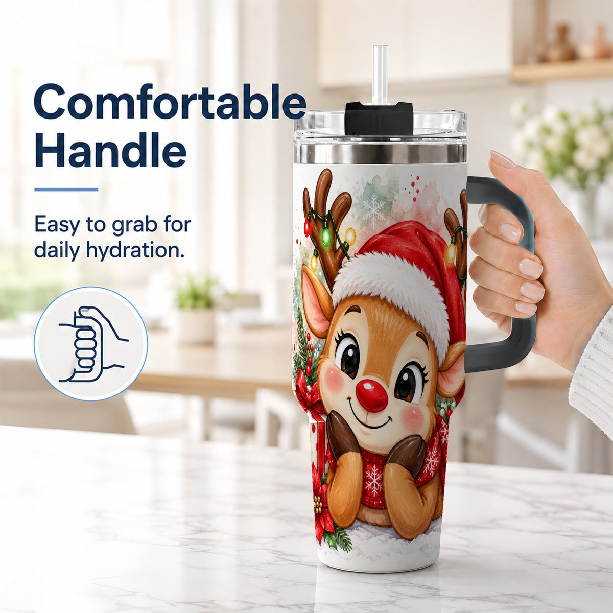 #pl[40oz|Black] Christmas Reindeer 40oz Tumbler with Handle, Holiday Travel Cup