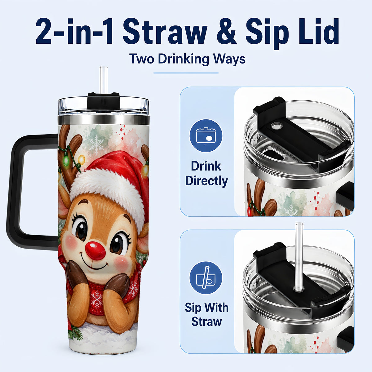 #pl[40oz|Black] Christmas Reindeer 40oz Tumbler with Handle, Holiday Travel Cup