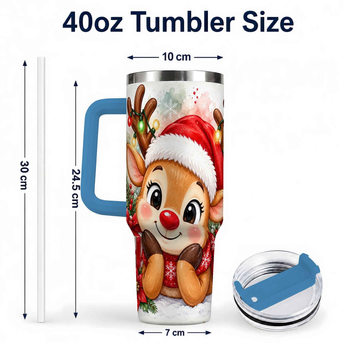 #pl[40oz|Blue] Christmas Reindeer 40oz Tumbler with Handle, Holiday Travel Cup
