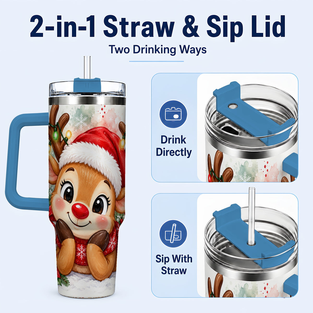 #pl[40oz|Blue] Christmas Reindeer 40oz Tumbler with Handle, Holiday Travel Cup