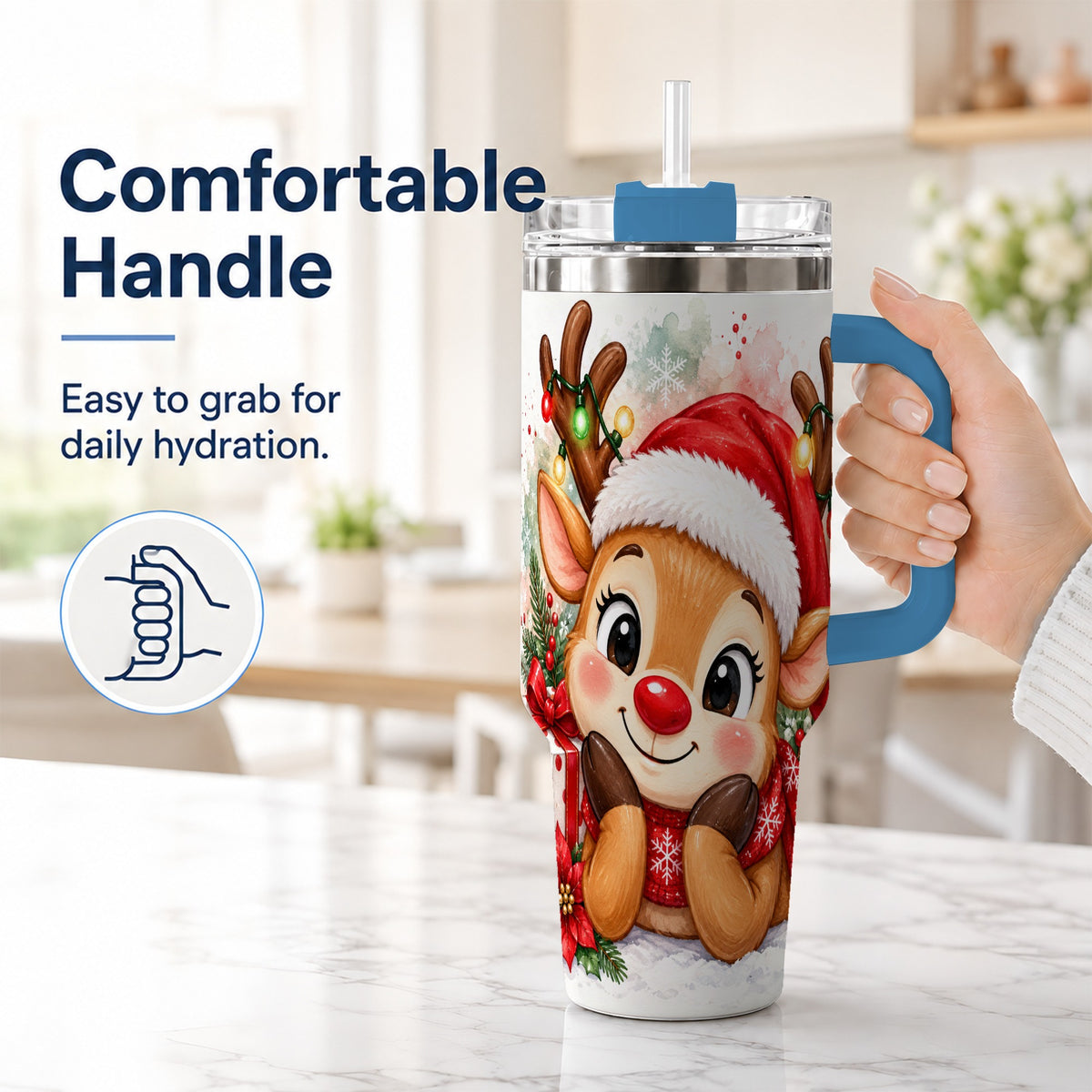 #pl[40oz|Blue] Christmas Reindeer 40oz Tumbler with Handle, Holiday Travel Cup