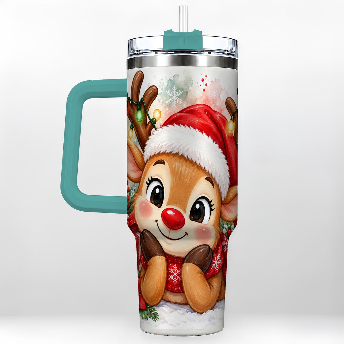 #pl[40oz|Green] Christmas Reindeer 40oz Tumbler with Handle, Holiday Travel Cup