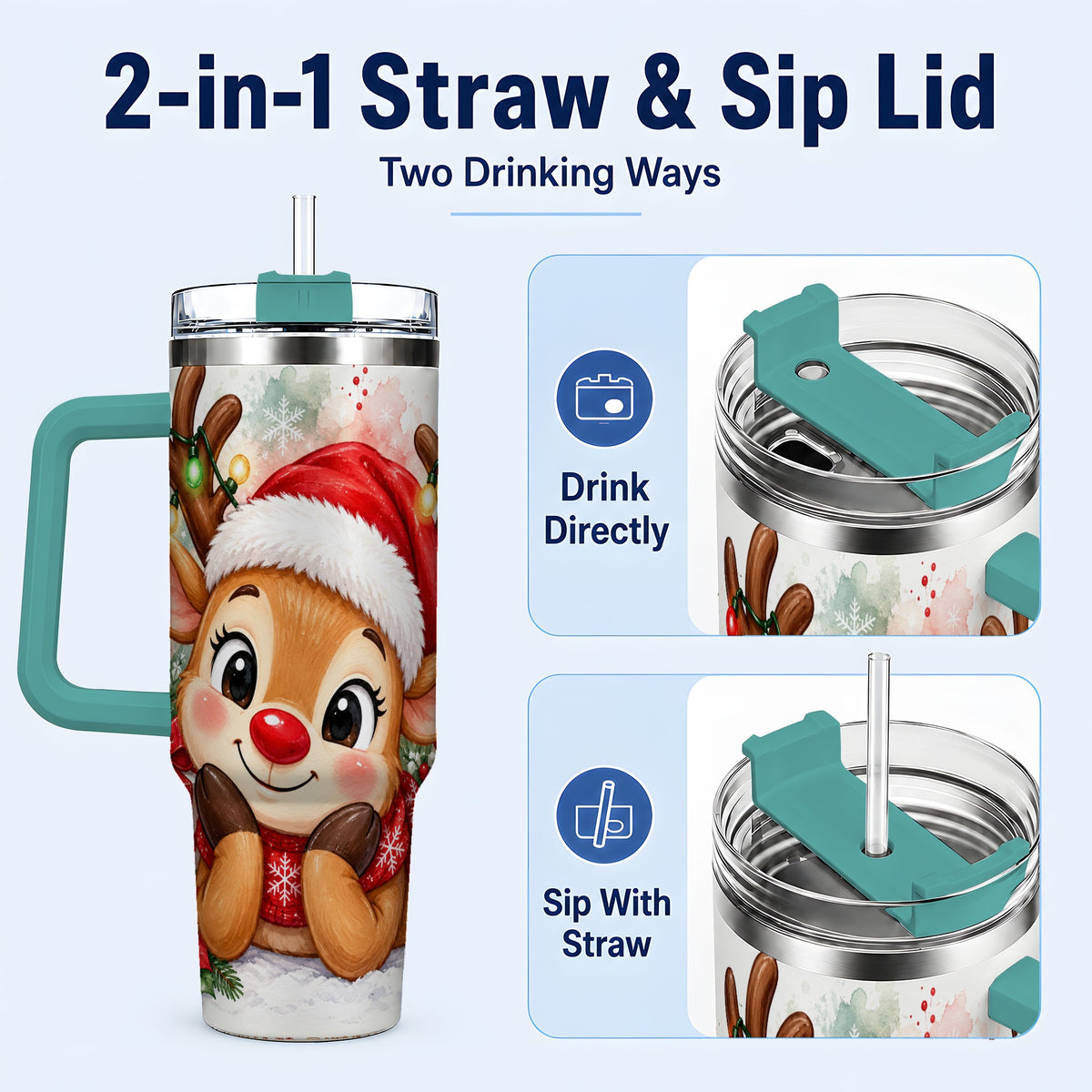 #pl[40oz|Green] Christmas Reindeer 40oz Tumbler with Handle, Holiday Travel Cup