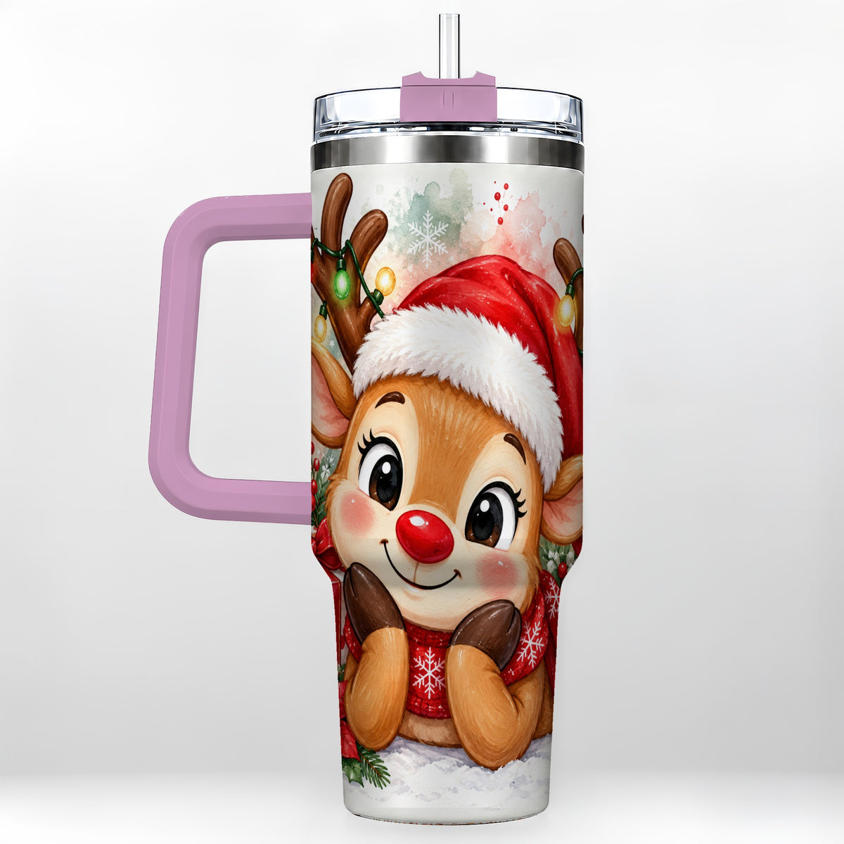 #pl[40oz|Pink] Christmas Reindeer 40oz Tumbler with Handle, Holiday Travel Cup