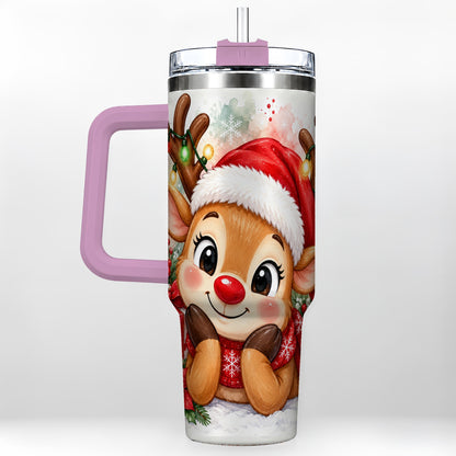 #pl[40oz|Pink] Christmas Reindeer 40oz Tumbler with Handle, Holiday Travel Cup