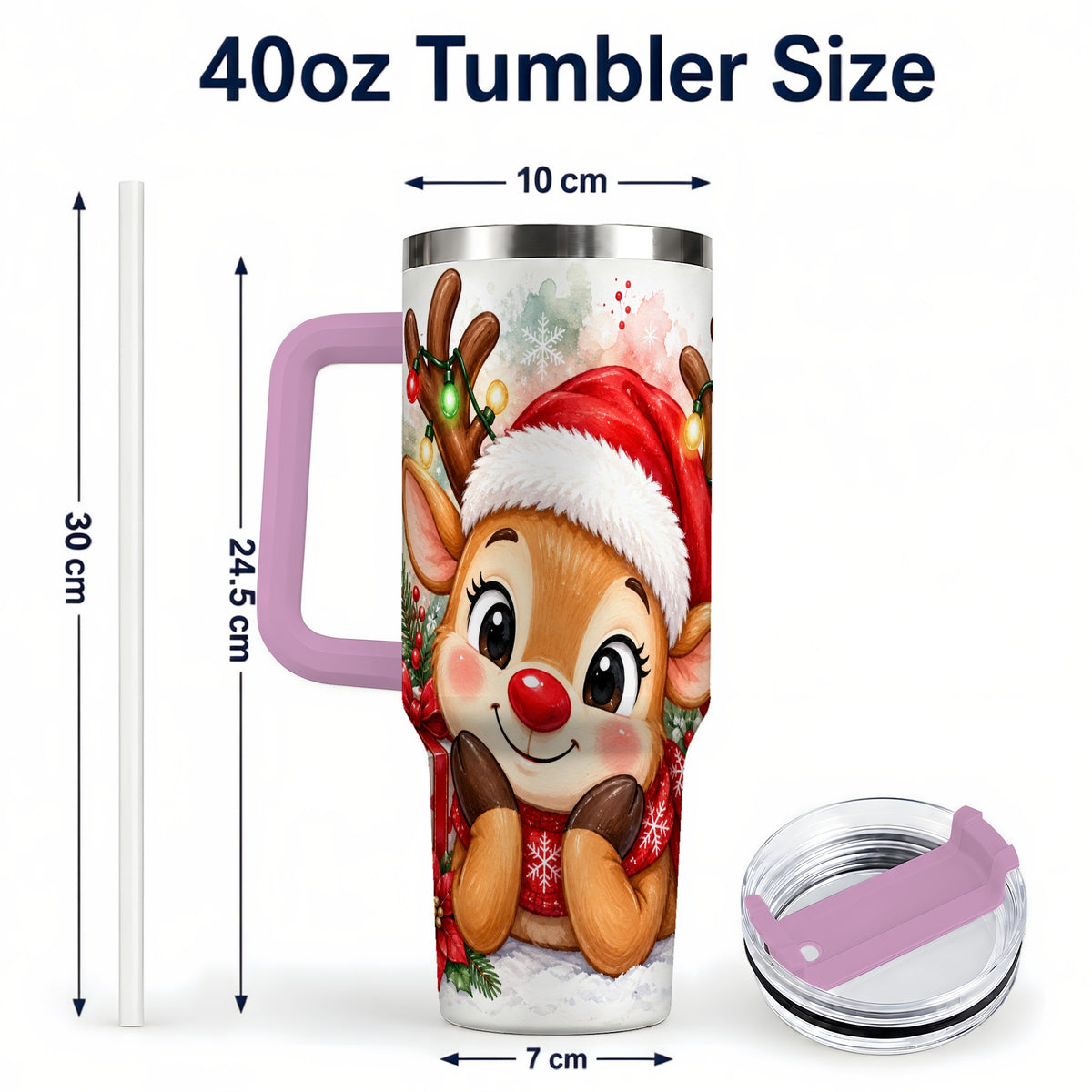#pl[40oz|Pink] Christmas Reindeer 40oz Tumbler with Handle, Holiday Travel Cup