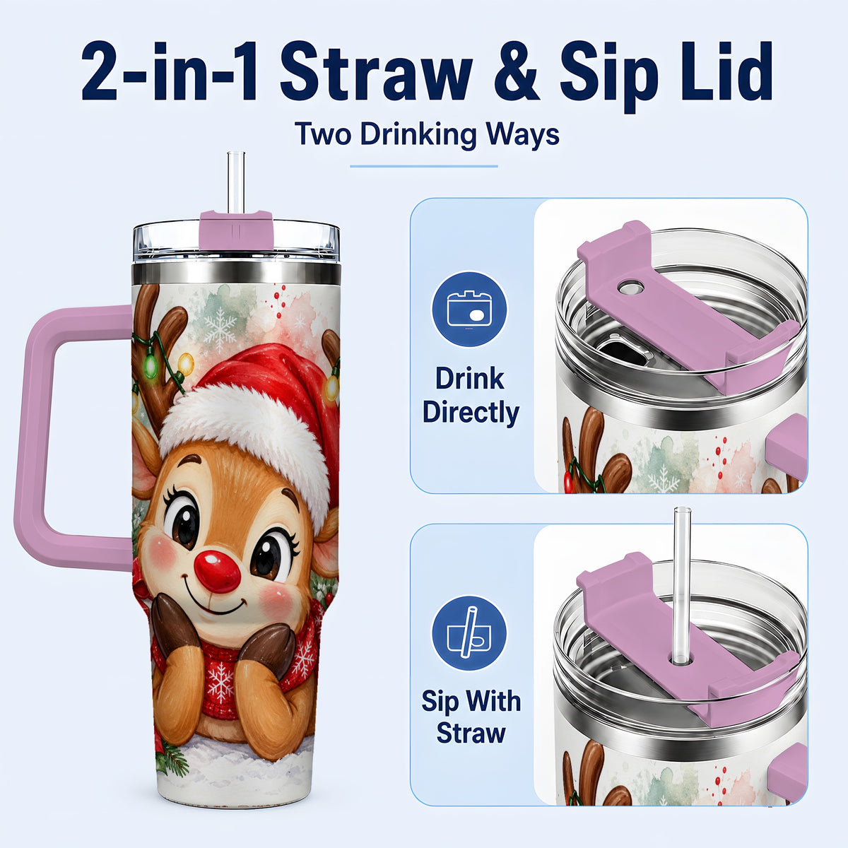 #pl[40oz|Pink] Christmas Reindeer 40oz Tumbler with Handle, Holiday Travel Cup