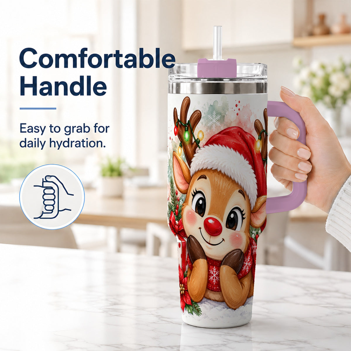 #pl[40oz|Pink] Christmas Reindeer 40oz Tumbler with Handle, Holiday Travel Cup