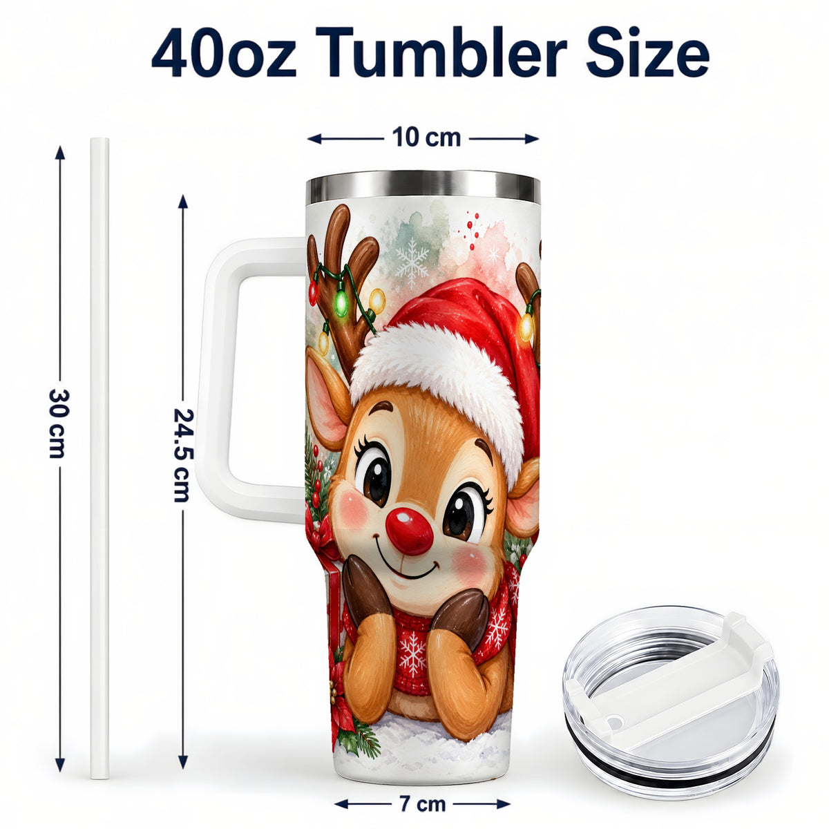 #pl[40oz|White] Christmas Reindeer 40oz Tumbler with Handle, Holiday Travel Cup