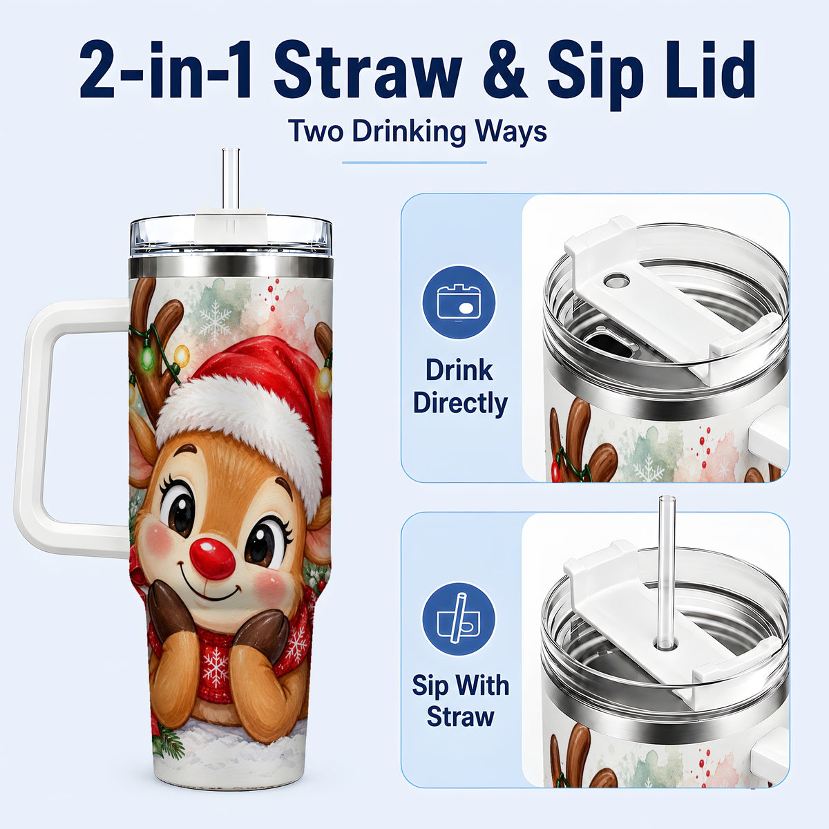 #pl[40oz|White] Christmas Reindeer 40oz Tumbler with Handle, Holiday Travel Cup