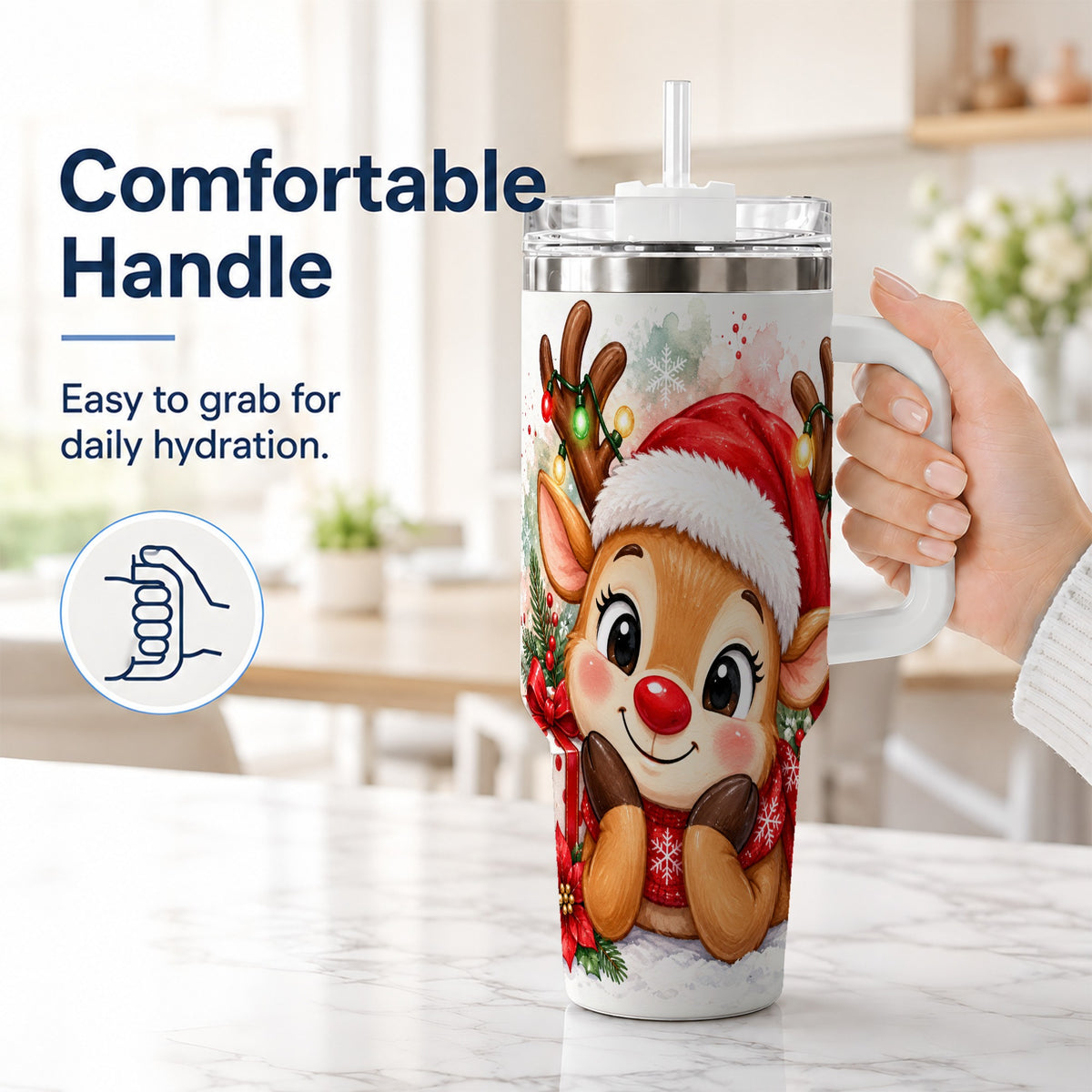 #pl[40oz|White] Christmas Reindeer 40oz Tumbler with Handle, Holiday Travel Cup