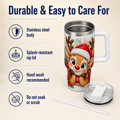 Christmas Reindeer 40oz Tumbler with Handle, Holiday Travel Cup