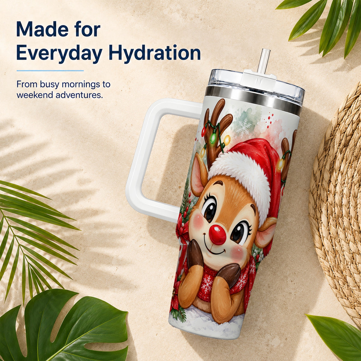 Christmas Reindeer 40oz Tumbler with Handle, Holiday Travel Cup