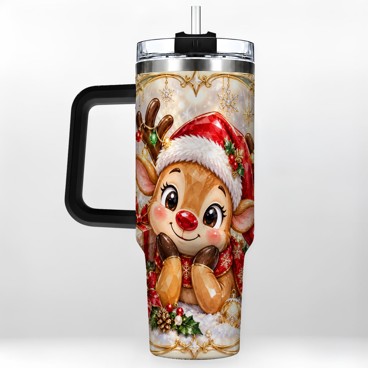 #pl[40oz|Black] Jeweled Reindeer 40oz Tumbler with Handle, Holiday Travel Cup