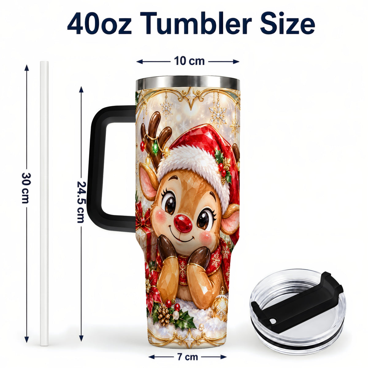 #pl[40oz|Black] Jeweled Reindeer 40oz Tumbler with Handle, Holiday Travel Cup