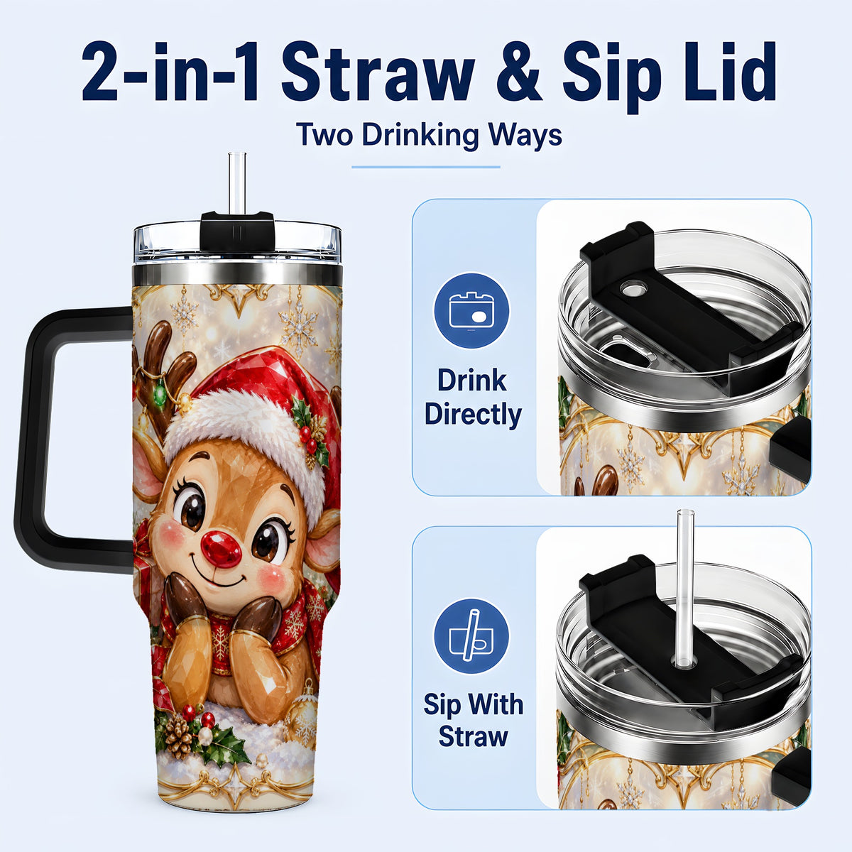 #pl[40oz|Black] Jeweled Reindeer 40oz Tumbler with Handle, Holiday Travel Cup