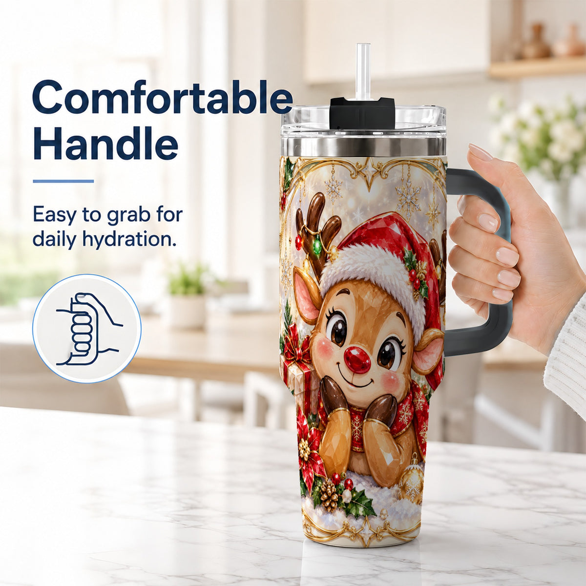 #pl[40oz|Black] Jeweled Reindeer 40oz Tumbler with Handle, Holiday Travel Cup