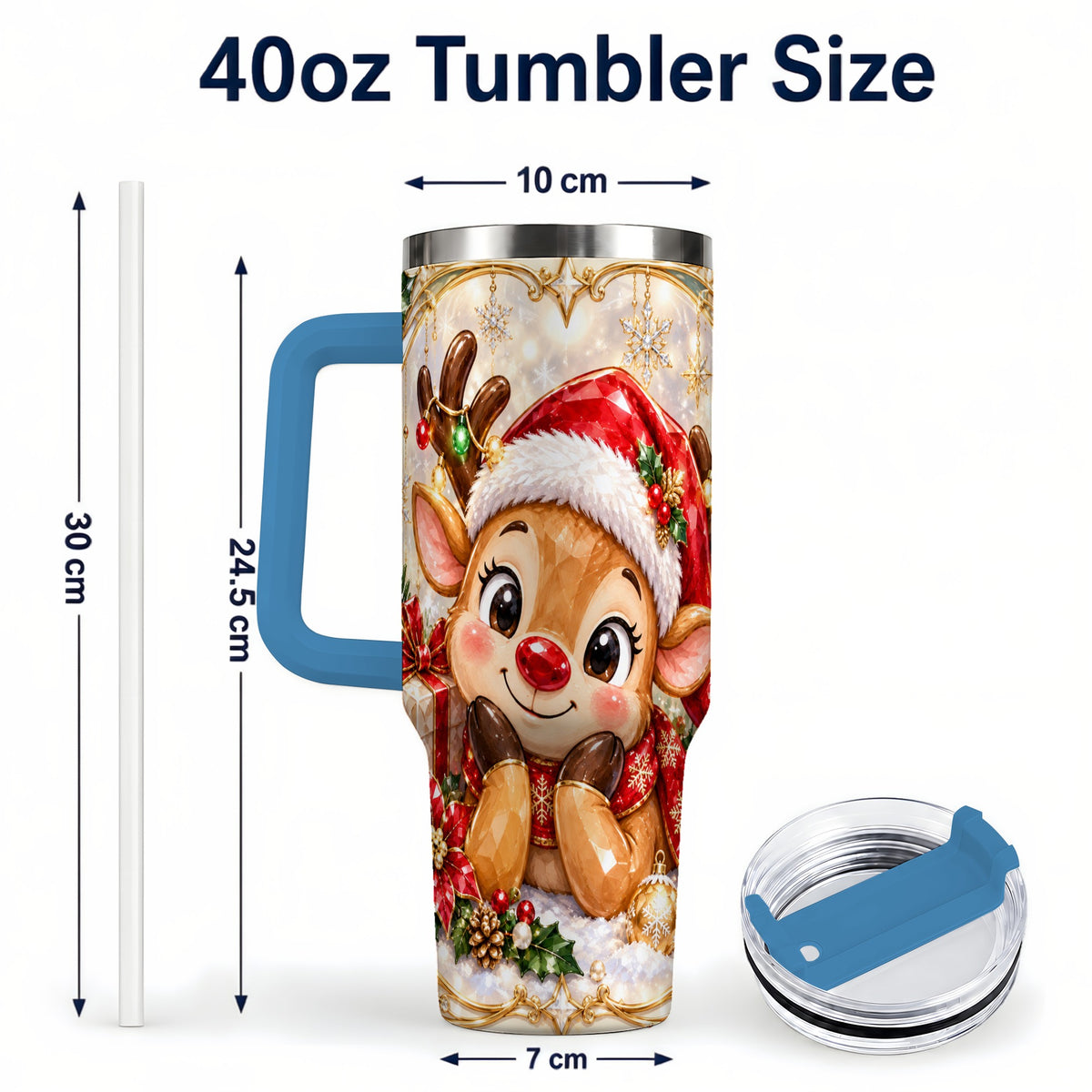 #pl[40oz|Blue] Jeweled Reindeer 40oz Tumbler with Handle, Holiday Travel Cup