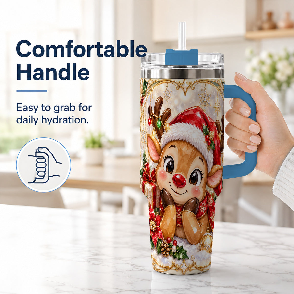#pl[40oz|Blue] Jeweled Reindeer 40oz Tumbler with Handle, Holiday Travel Cup