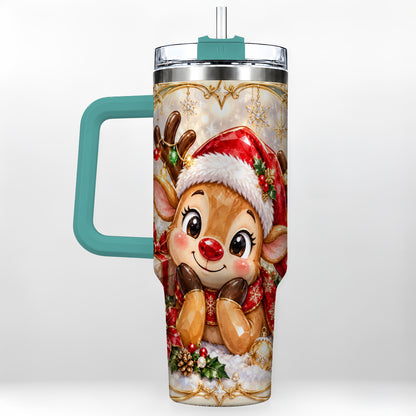 #pl[40oz|Green] Jeweled Reindeer 40oz Tumbler with Handle, Holiday Travel Cup