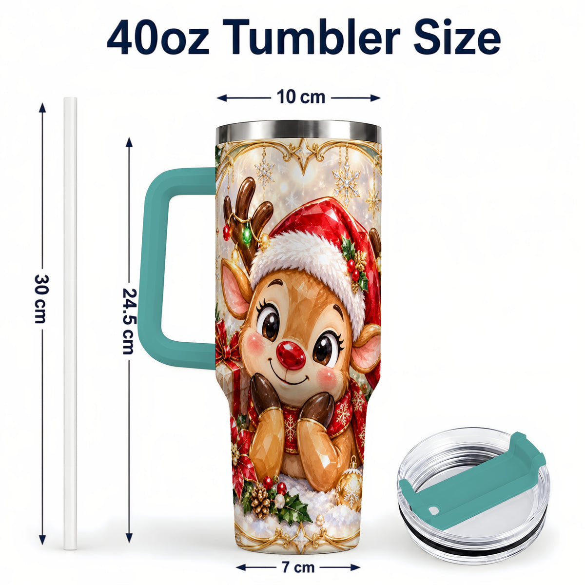 #pl[40oz|Green] Jeweled Reindeer 40oz Tumbler with Handle, Holiday Travel Cup