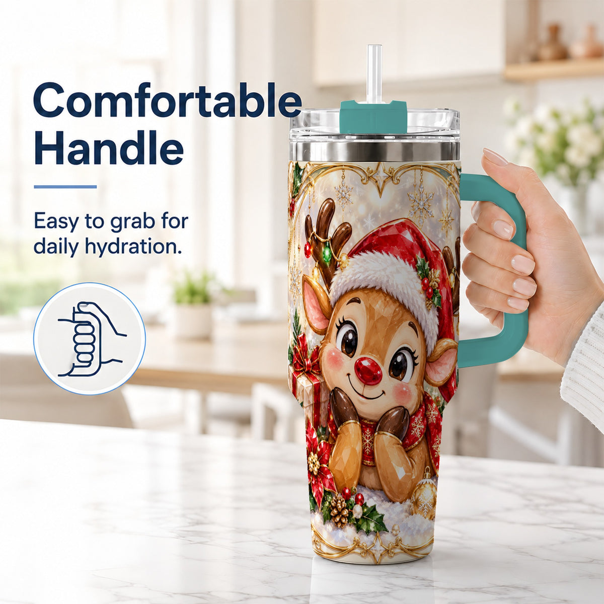 #pl[40oz|Green] Jeweled Reindeer 40oz Tumbler with Handle, Holiday Travel Cup