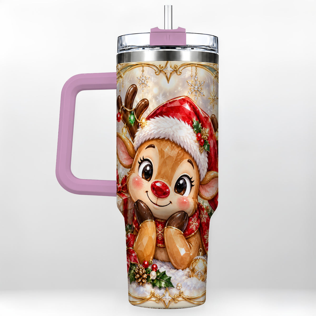 #pl[40oz|Pink] Jeweled Reindeer 40oz Tumbler with Handle, Holiday Travel Cup