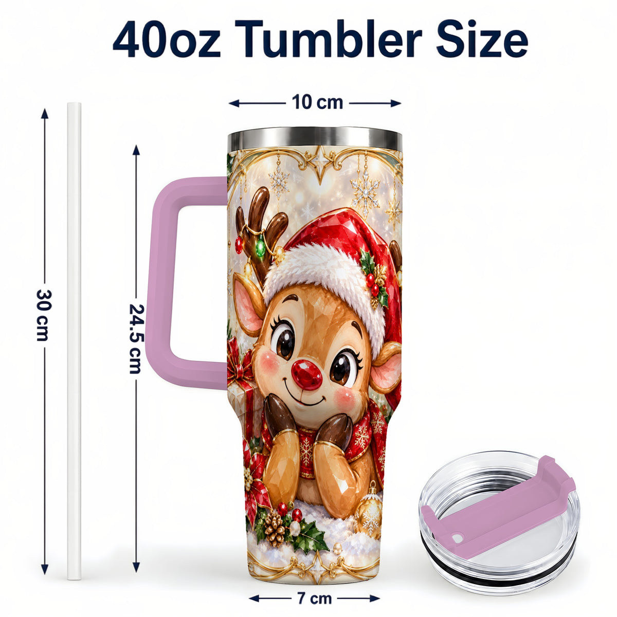 #pl[40oz|Pink] Jeweled Reindeer 40oz Tumbler with Handle, Holiday Travel Cup