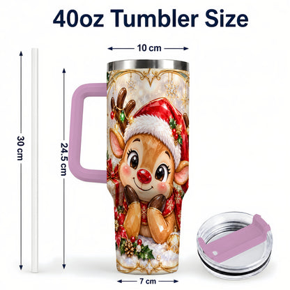 #pl[40oz|Pink] Jeweled Reindeer 40oz Tumbler with Handle, Holiday Travel Cup