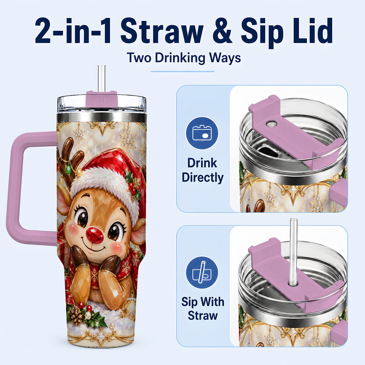 #pl[40oz|Pink] Jeweled Reindeer 40oz Tumbler with Handle, Holiday Travel Cup