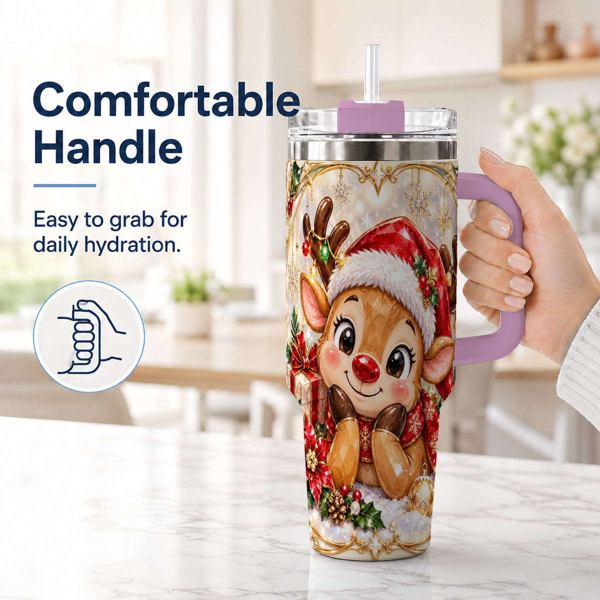 #pl[40oz|Pink] Jeweled Reindeer 40oz Tumbler with Handle, Holiday Travel Cup