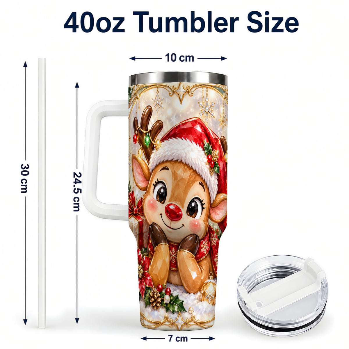 #pl[40oz|White] Jeweled Reindeer 40oz Tumbler with Handle, Holiday Travel Cup