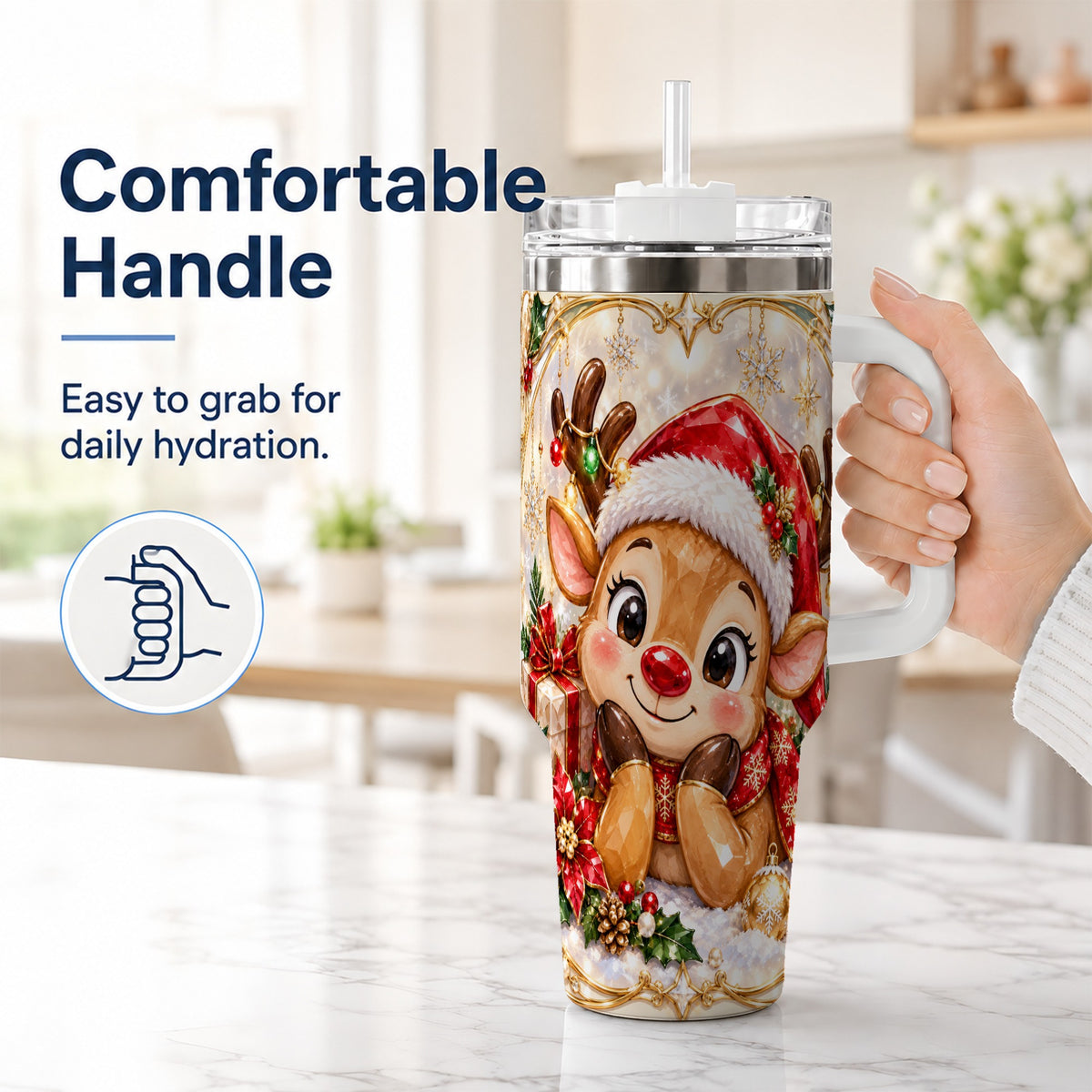 #pl[40oz|White] Jeweled Reindeer 40oz Tumbler with Handle, Holiday Travel Cup