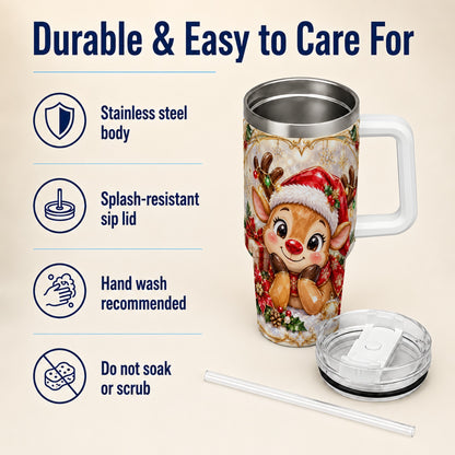 Jeweled Reindeer 40oz Tumbler with Handle, Holiday Travel Cup