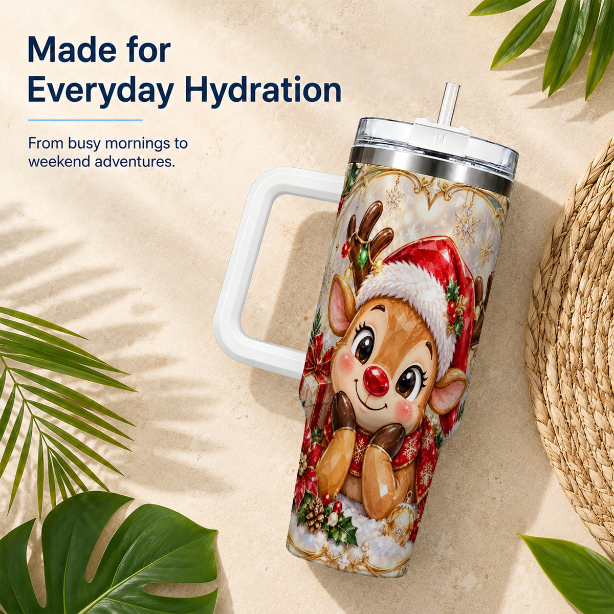 Jeweled Reindeer 40oz Tumbler with Handle, Holiday Travel Cup