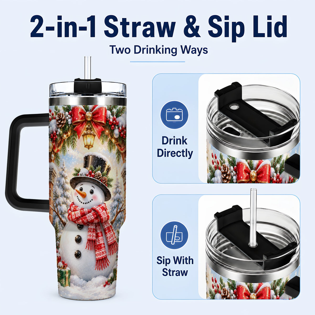 #pl[40oz|Black] Snowman Christmas 40oz Tumbler with Handle, Winter Travel Cup