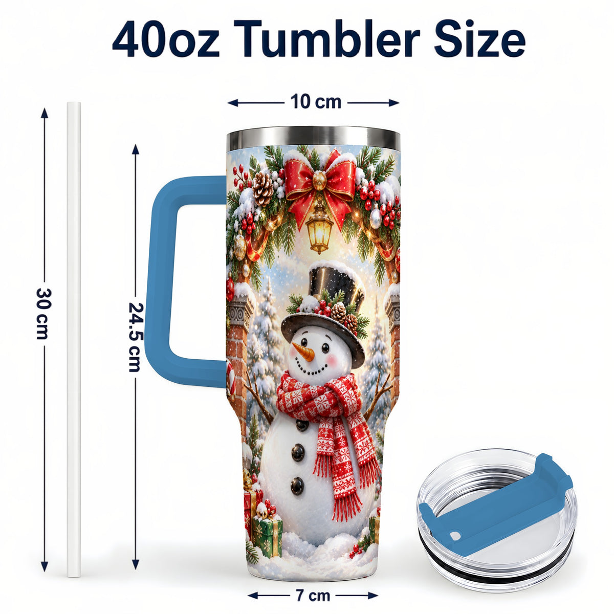 #pl[40oz|Blue] Snowman Christmas 40oz Tumbler with Handle, Winter Travel Cup