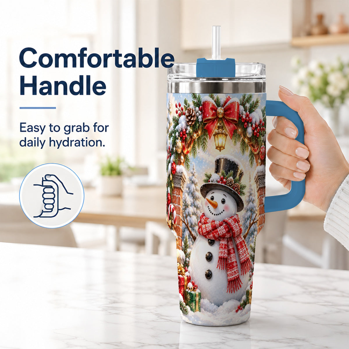 #pl[40oz|Blue] Snowman Christmas 40oz Tumbler with Handle, Winter Travel Cup