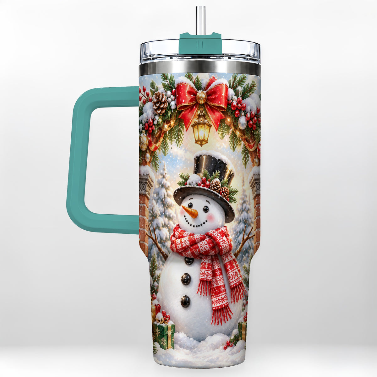 #pl[40oz|Green] Snowman Christmas 40oz Tumbler with Handle, Winter Travel Cup