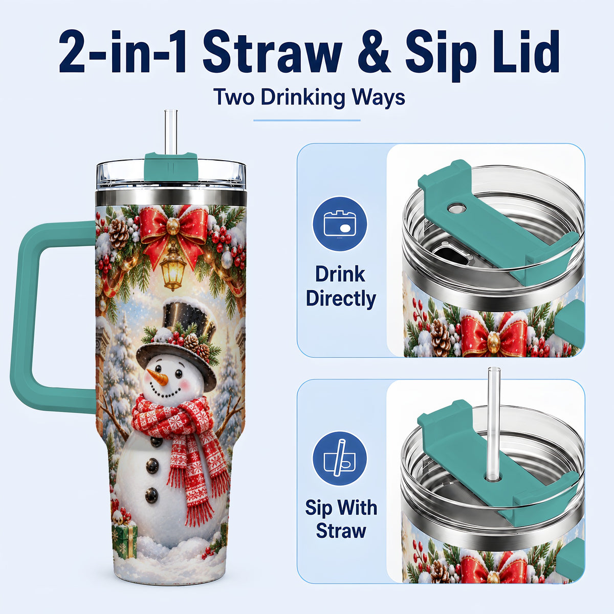 #pl[40oz|Green] Snowman Christmas 40oz Tumbler with Handle, Winter Travel Cup