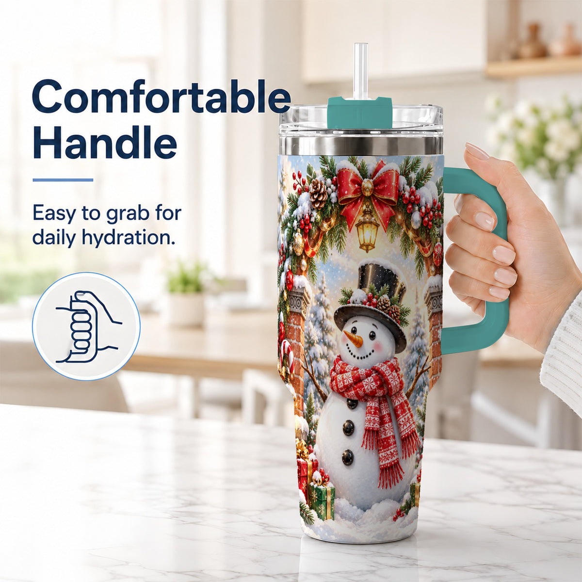 #pl[40oz|Green] Snowman Christmas 40oz Tumbler with Handle, Winter Travel Cup