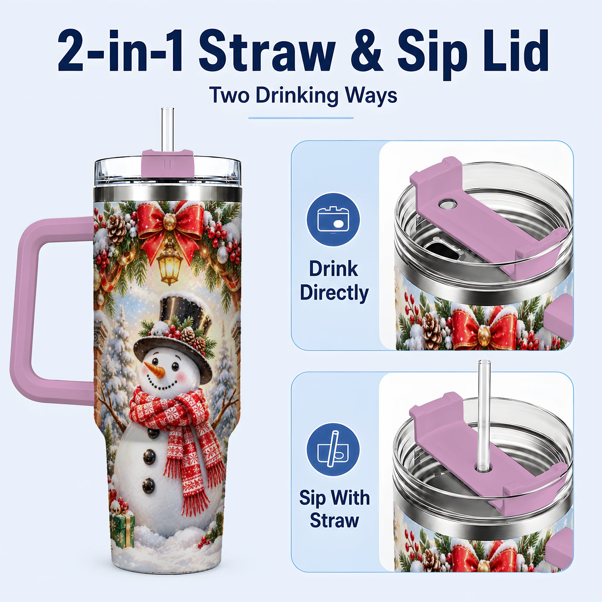 #pl[40oz|Pink] Snowman Christmas 40oz Tumbler with Handle, Winter Travel Cup