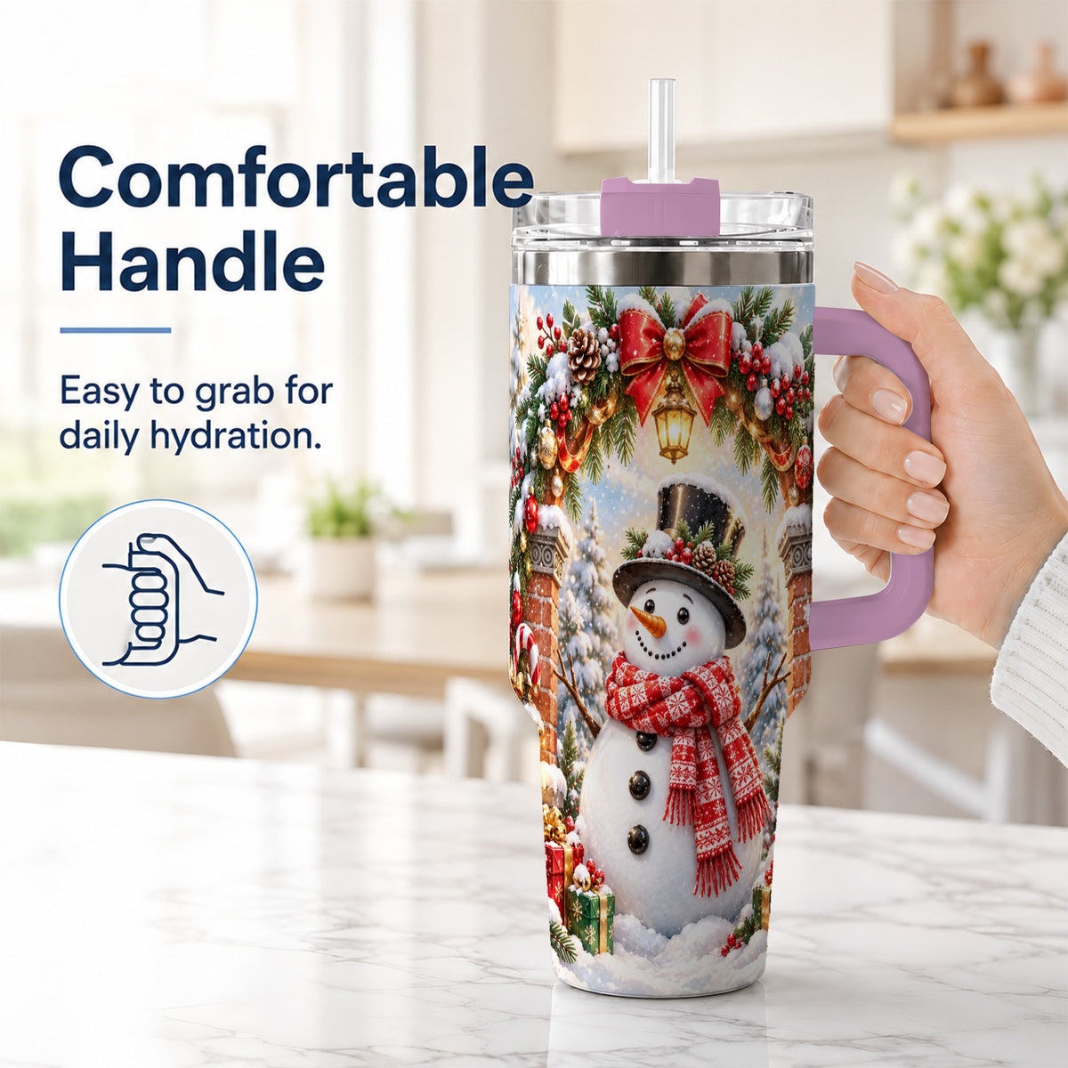 #pl[40oz|Pink] Snowman Christmas 40oz Tumbler with Handle, Winter Travel Cup