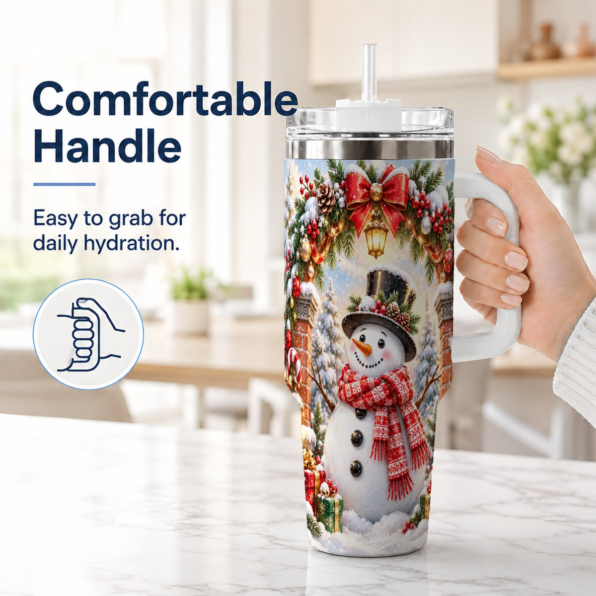 #pl[40oz|White] Snowman Christmas 40oz Tumbler with Handle, Winter Travel Cup