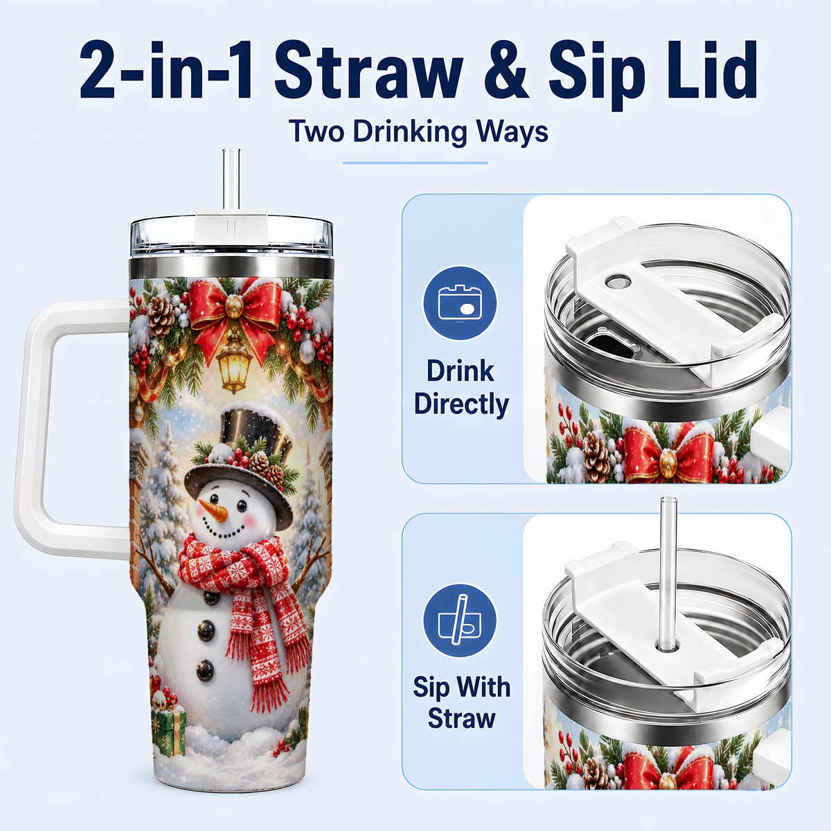 #pl[40oz|White] Snowman Christmas 40oz Tumbler with Handle, Winter Travel Cup