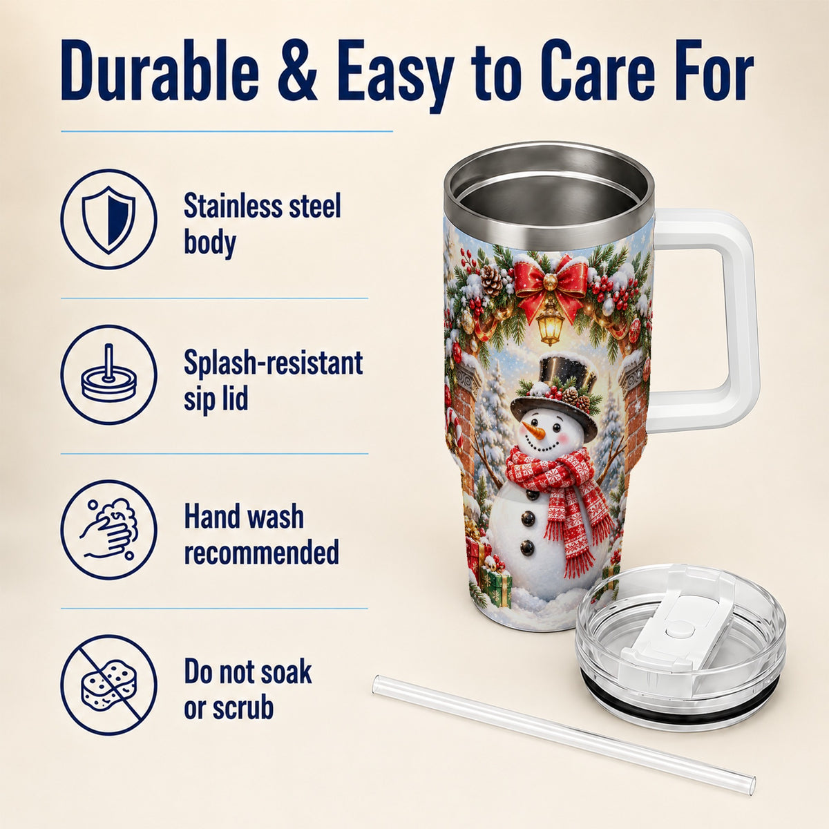 Snowman Christmas 40oz Tumbler with Handle, Winter Travel Cup