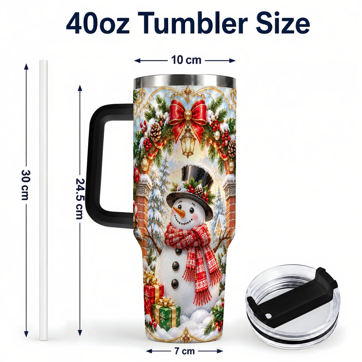 #pl[40oz|Black] Ornate Snowman 40oz Tumbler with Handle, Christmas Winter Travel Cup
