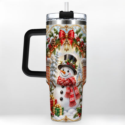 #pl[40oz|Black] Ornate Snowman 40oz Tumbler with Handle, Christmas Winter Travel Cup