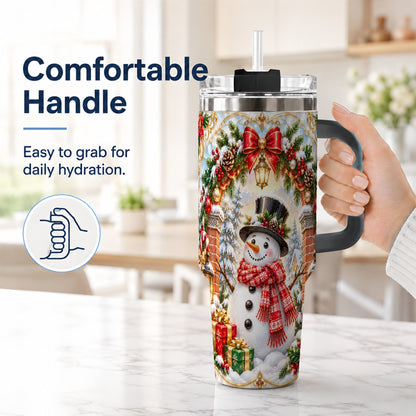 #pl[40oz|Black] Ornate Snowman 40oz Tumbler with Handle, Christmas Winter Travel Cup